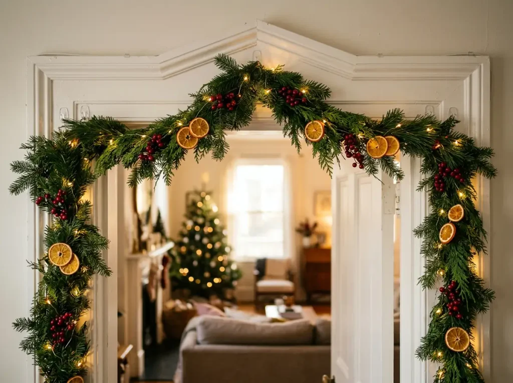 Interior doorway topped with a pointed-arch garland woven with lights, berries, and dried orange slices