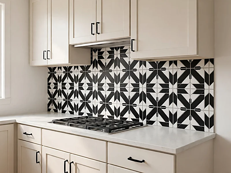 White kitchen with a geometric black and white tile backsplash above a plain countertop.