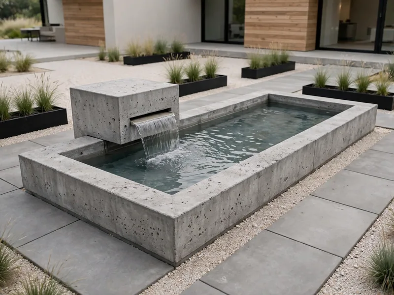 Rectangular concrete fountain with a clean geometric shape in a modern garden.