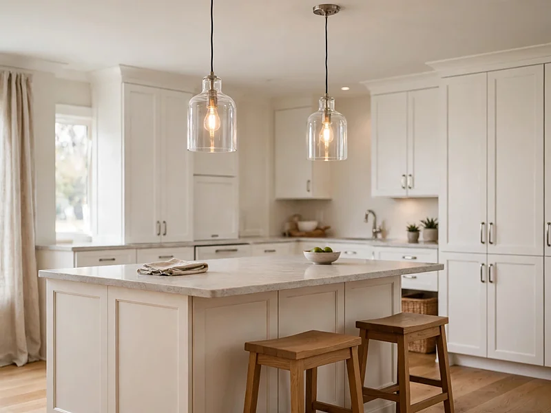 Two clear glass pendant lights hanging above a modest kitchen island with white cabinets.
