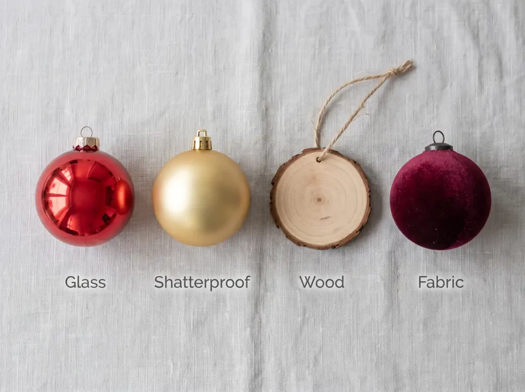 Glass, shatterproof, wood, and fabric Christmas ornaments lined up to compare their textures