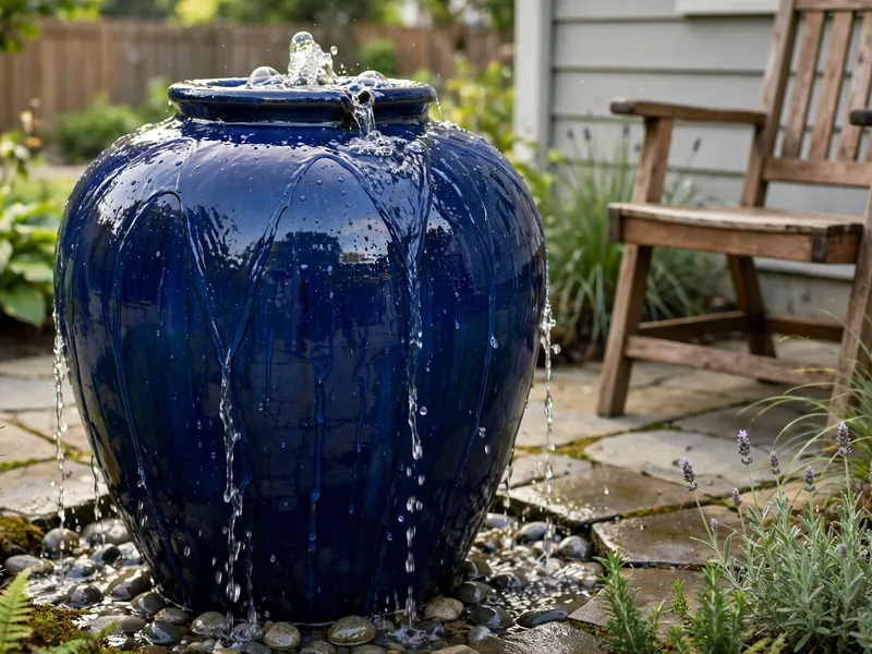 Blue glazed ceramic urn fountain with water flowing down its sides beside a patio.