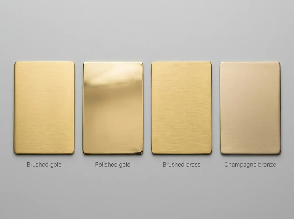 Four gold finish samples side by side: brushed gold, polished gold, brushed brass, and champagne bronze