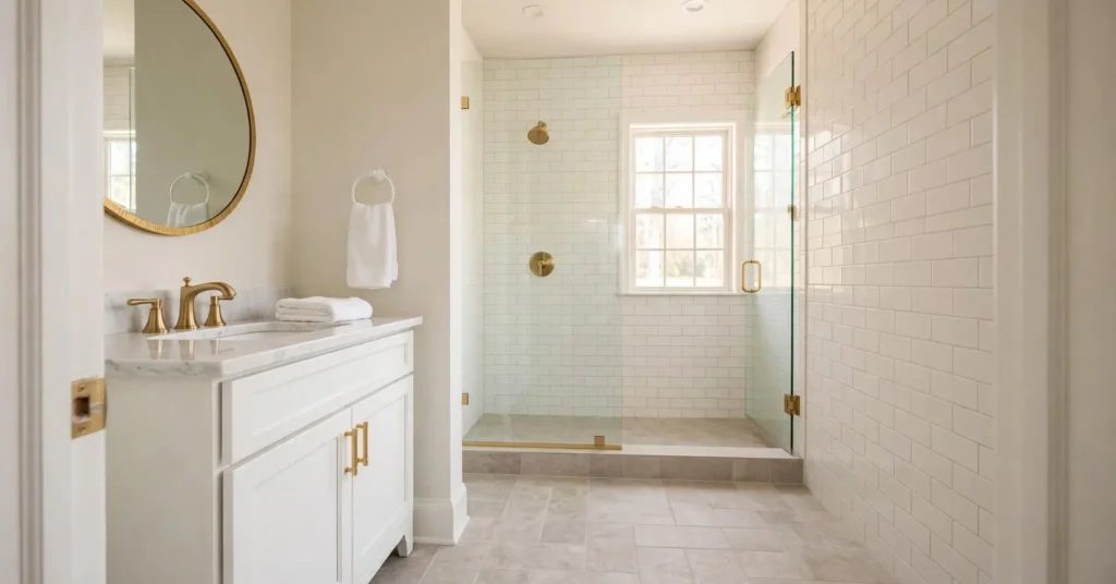 Bright bathroom with a brushed gold faucet, cabinet pulls, mirror frame, and shower trim on a white marble vanity