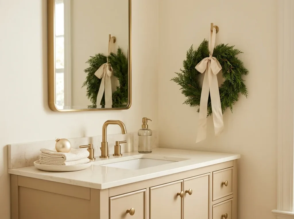 Elegant Christmas bathroom with brass fixtures, cream ribbon wreath, white towels, and a small gold ornament.