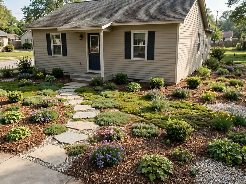 Front yard without lawn featuring ground cover, mulched planting beds, shrubs, and stepping stones.
