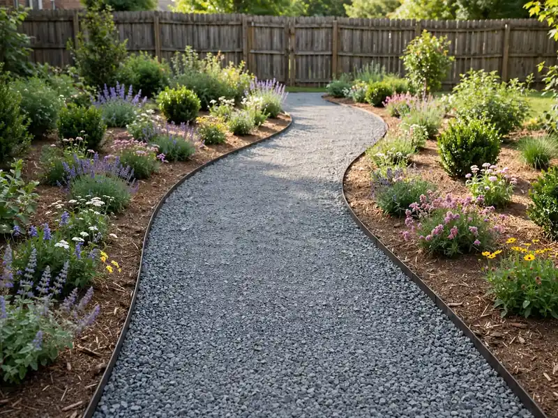 Curved gravel garden walkway with metal edging between mulched flower beds and green shrubs.