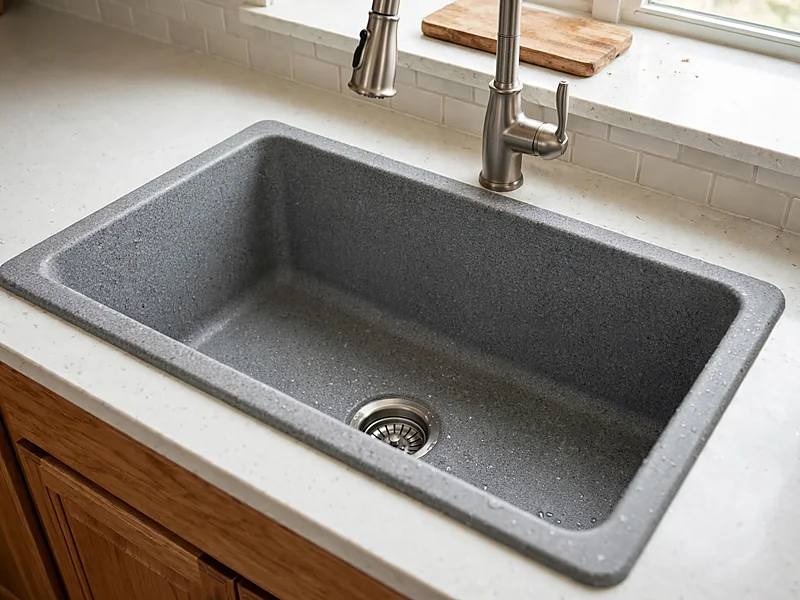 Medium-gray granite composite kitchen sink with a matte stone-like texture and pale quartz countertops.