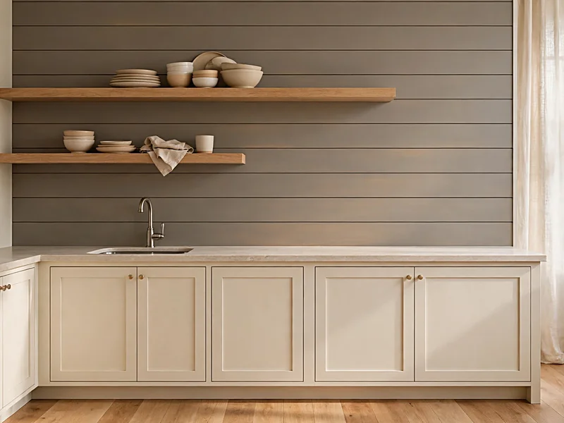 Warm gray shiplap backsplash with oak floating shelves, cream cabinets, and natural wood flooring.