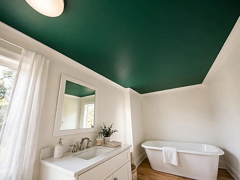 Bathroom with sage green painted ceiling, white walls, white bathtub, and simple brass fixtures.