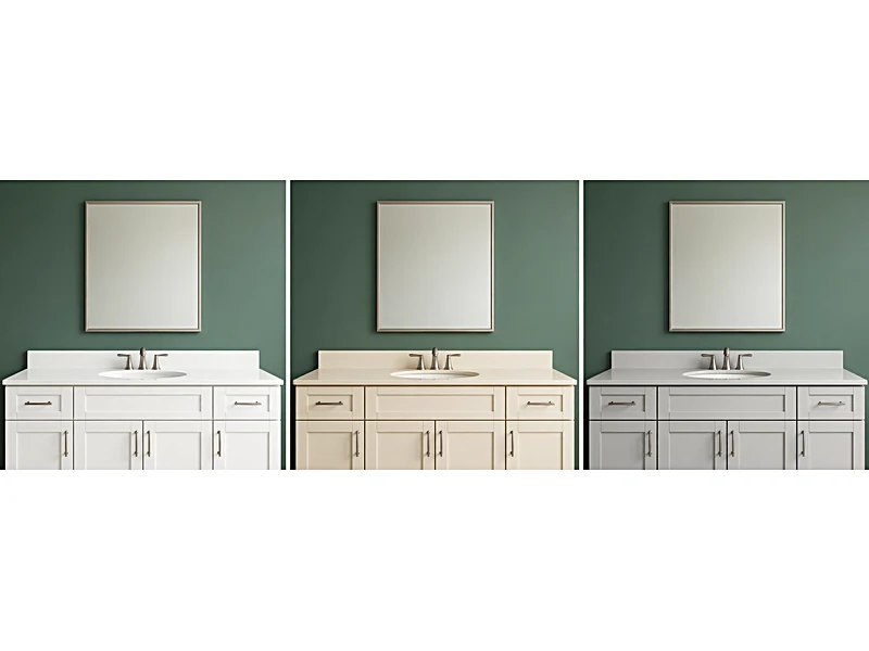 Three green bathroom color schemes paired with white tile, cream finishes, and gray stone.