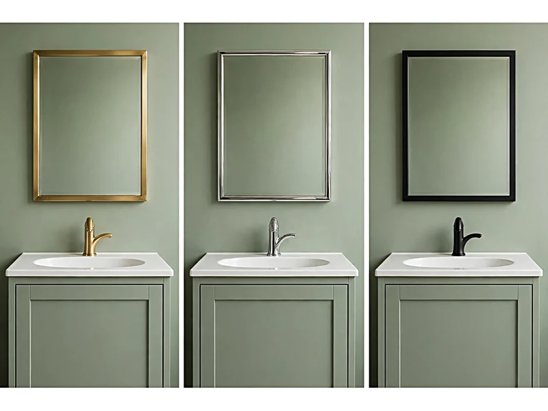 Comparison of brushed brass, polished chrome, and matte black faucets against sage green bathroom tile.