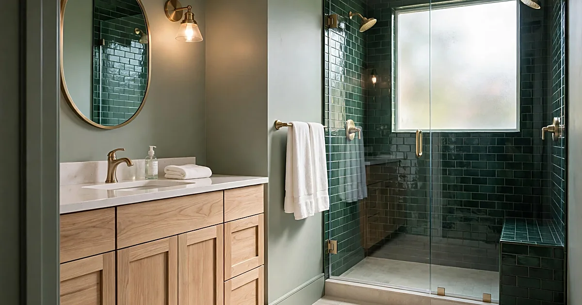 Modern green bathroom with sage walls, emerald shower tile, oak vanity, and brass fixtures.