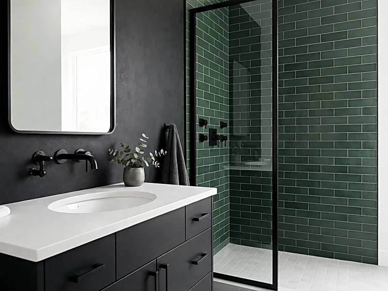 Olive green bathroom walls with matte black faucet, towel bar, mirror frame, and white countertop.