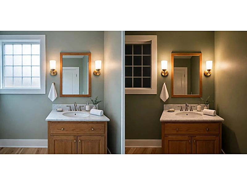 Side-by-side comparison of sage green bathroom walls under natural daylight and warm artificial lighting.