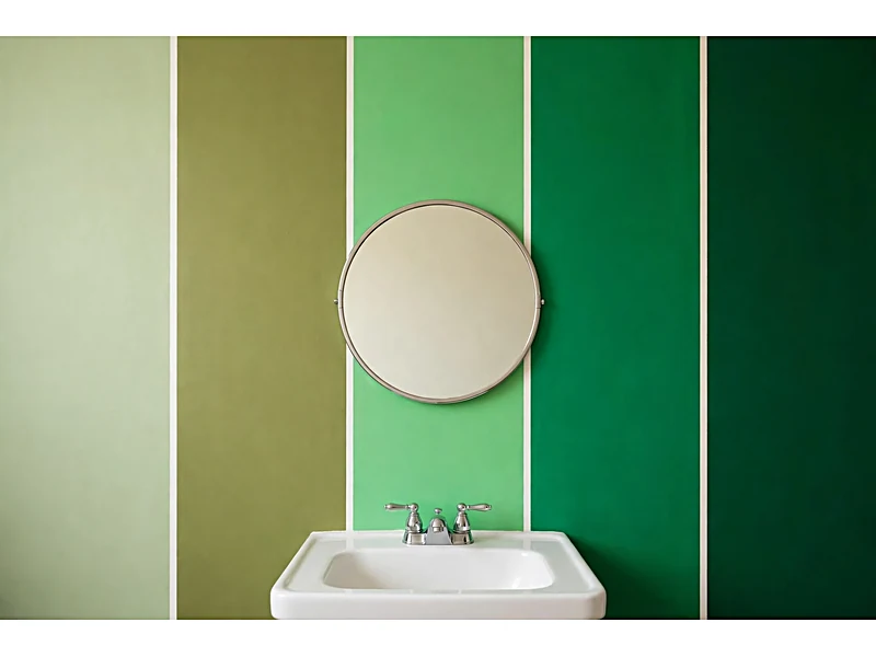 Comparison of sage, olive, mint, emerald, and forest green painted bathroom walls.