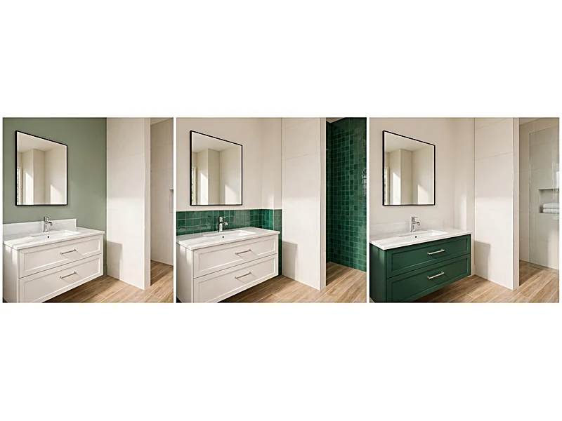 Three bathroom designs showing green painted walls, green shower tiles, and a green vanity.