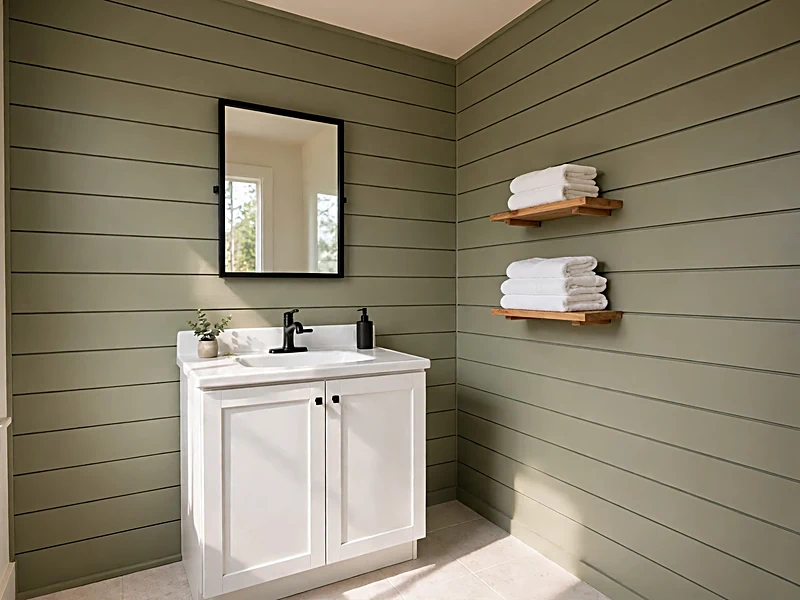 Farmhouse bathroom with muted olive green shiplap walls, white sink, wood shelves, and black hardware.