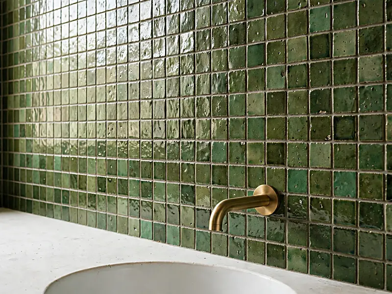 Handmade green zellige tile backsplash with irregular glossy surfaces above a white bathroom sink.