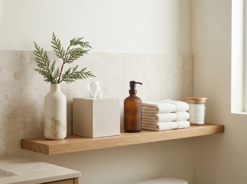 Artificial cedar branches in a ceramic vase beside neatly arranged guest toiletries on a bathroom shelf.

