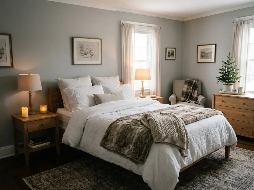 Guest bedroom with a small tree on the dresser, an LED candle by the bed, and a faux fur throw
