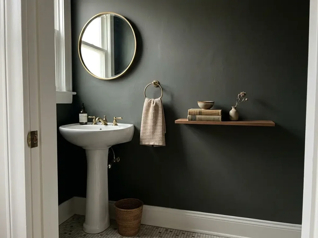 Two short books and a ceramic bowl on a half bath shelf
