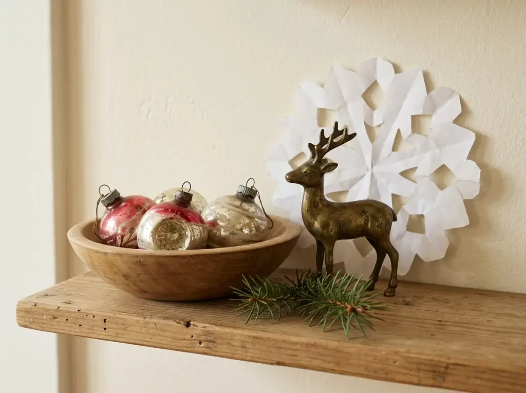 Heirloom ornaments, a small brass figure, and a child's paper snowflake displayed on a shelf