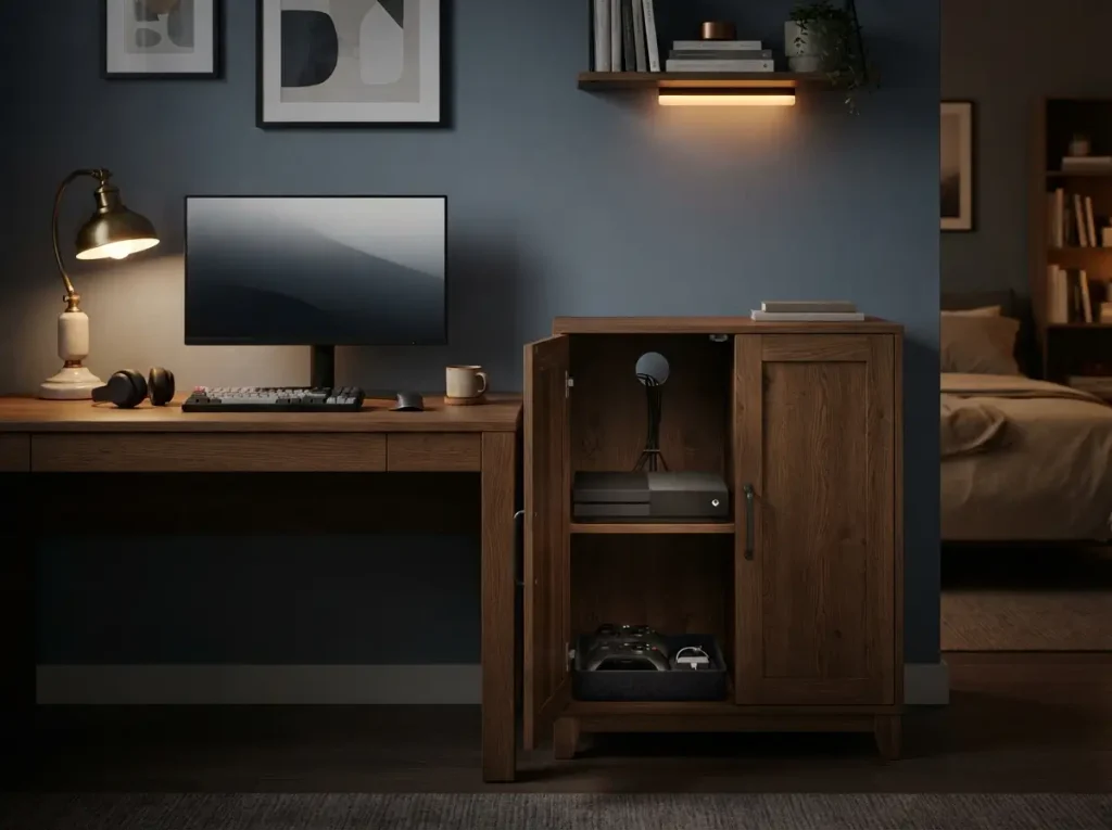 Closed storage cabinet hiding a console with a ventilation gap behind it in a teen room
