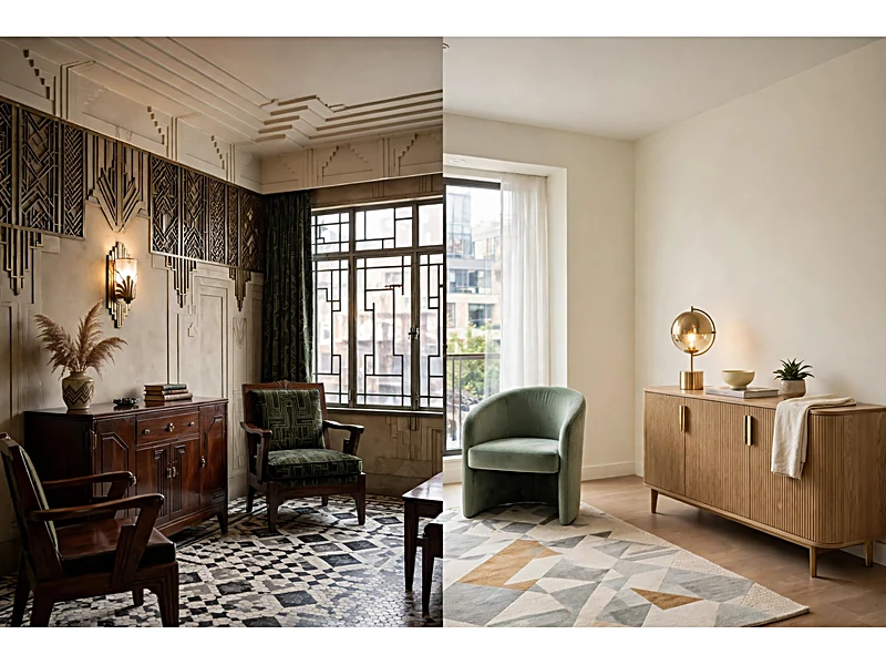 Comparison of a historic Art Deco apartment interior and a modern Art Deco apartment