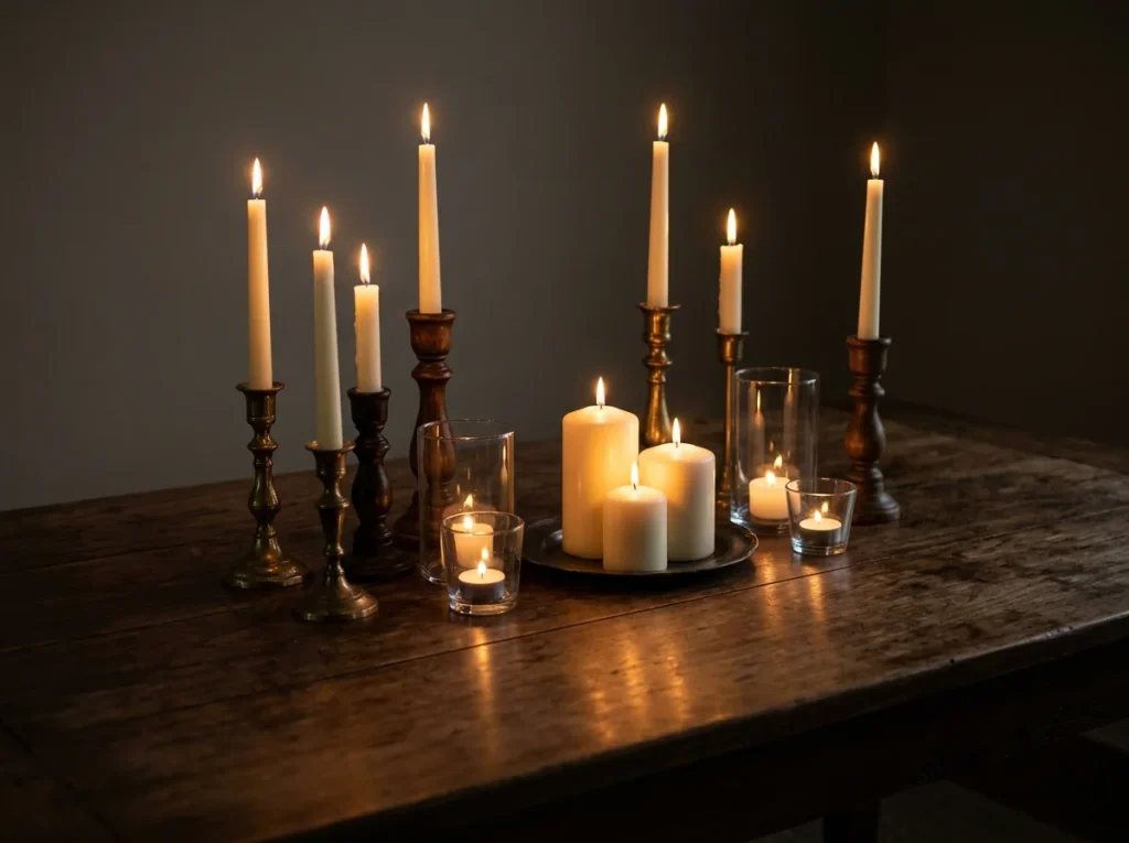 Tall tapers, short pillar candles, and tea lights in glass hurricanes arranged at mixed heights