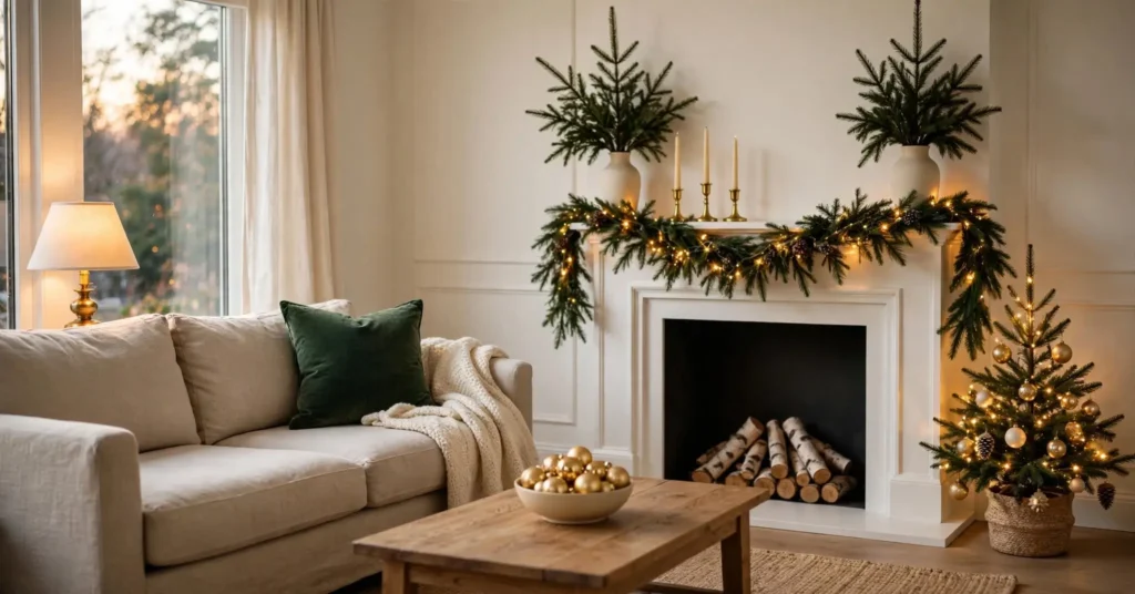 Cohesive holiday decor in a living room with a garland-draped mantel, tree, and warm lighting in green and gold