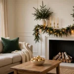 Cohesive holiday decor in a living room with a garland-draped mantel, tree, and warm lighting in green and gold