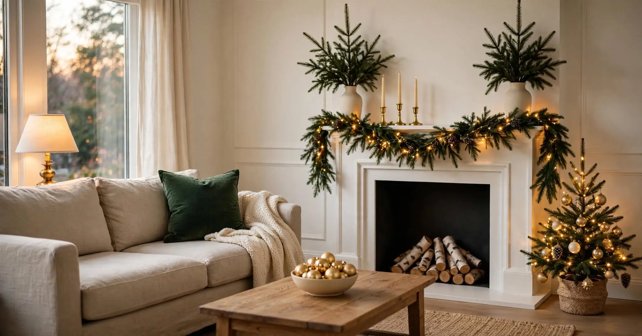 Cohesive holiday decor in a living room with a garland-draped mantel, tree, and warm lighting in green and gold
