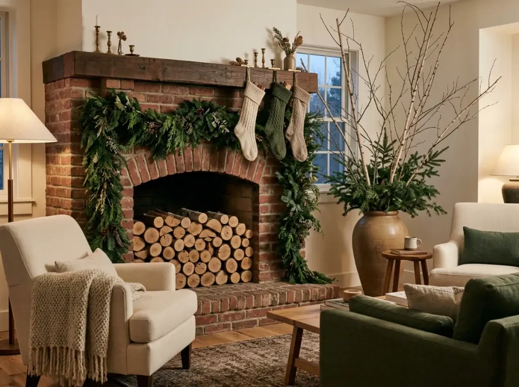 Fireplace decorated around the whole opening with mantel stockings, tall branches, and chairs facing the hearth