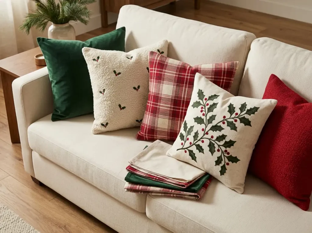 Sofa with velvet, bouclé, plaid, and embroidered holly pillow covers in festive colors