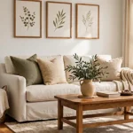 Bright living room with a cream sofa, wooden furniture, olive green accents, layered textiles, and natural light.