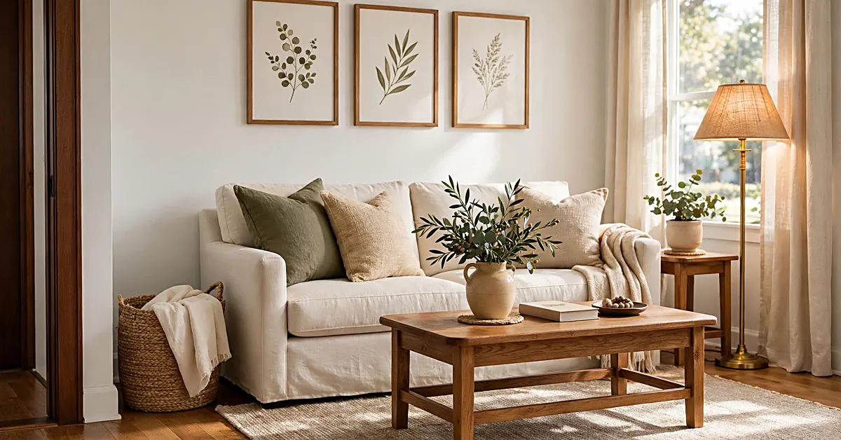 Bright living room with a cream sofa, wooden furniture, olive green accents, layered textiles, and natural light.
