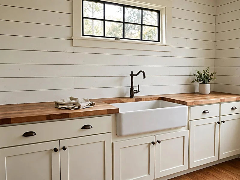 Farmhouse kitchen with wide horizontal off-white shiplap boards, apron-front sink, and butcher block counters.