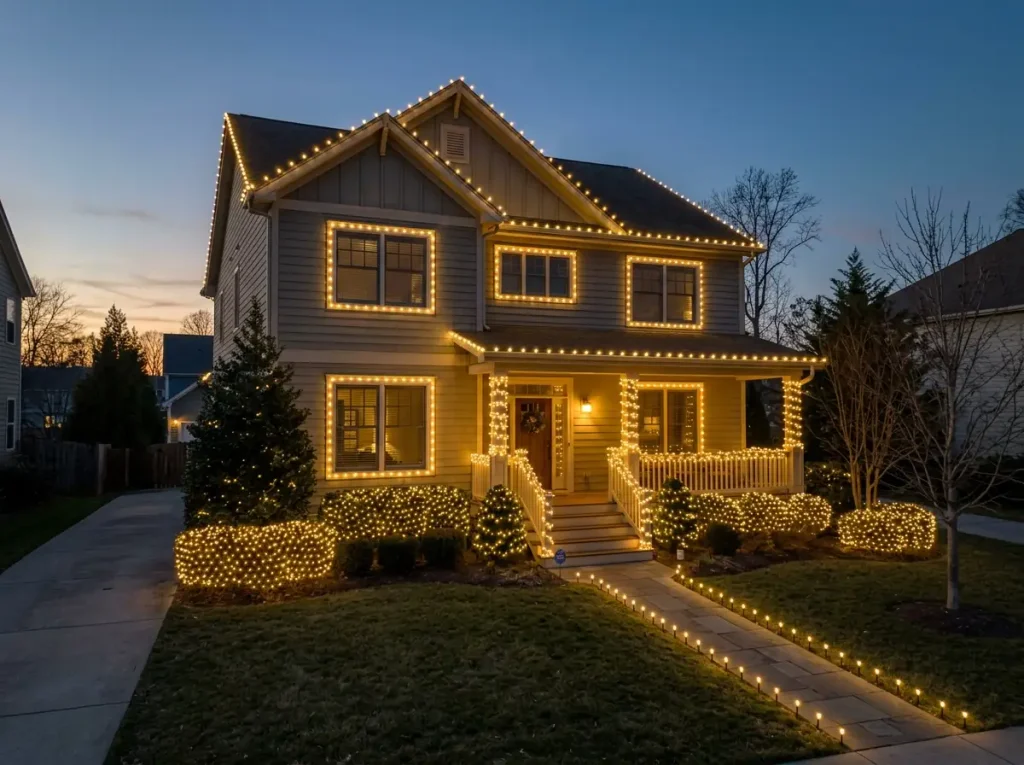 House at dusk with lights along the roofline, railings, windows, walkway, and net lights over shrubs