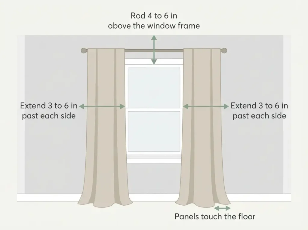 Diagram showing curtain rod placement: 4 to 6 inches above the window frame and 3 to 6 inches past each side
