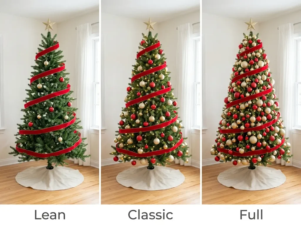 Three versions of the same Christmas tree showing lean, classic, and full ornament coverage side by side