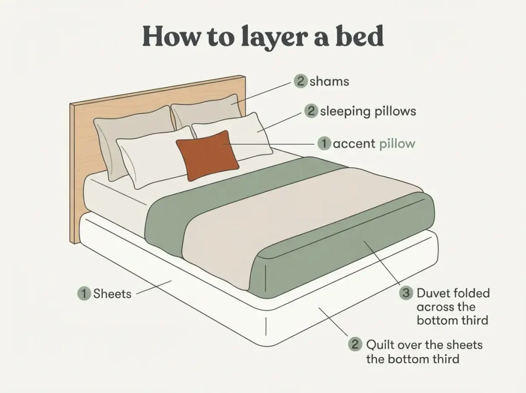 Diagram of how to layer bedding: sheets, quilt, folded duvet, sleeping pillows, shams and one accent pillow
