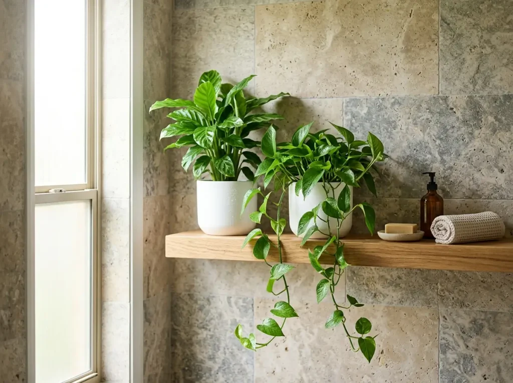 Two green houseplants in white pots on a bright bathroom shelf
