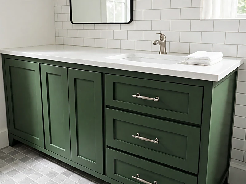 Hunter green bathroom vanity with white quartz countertop, brushed nickel handles, and white subway tile.