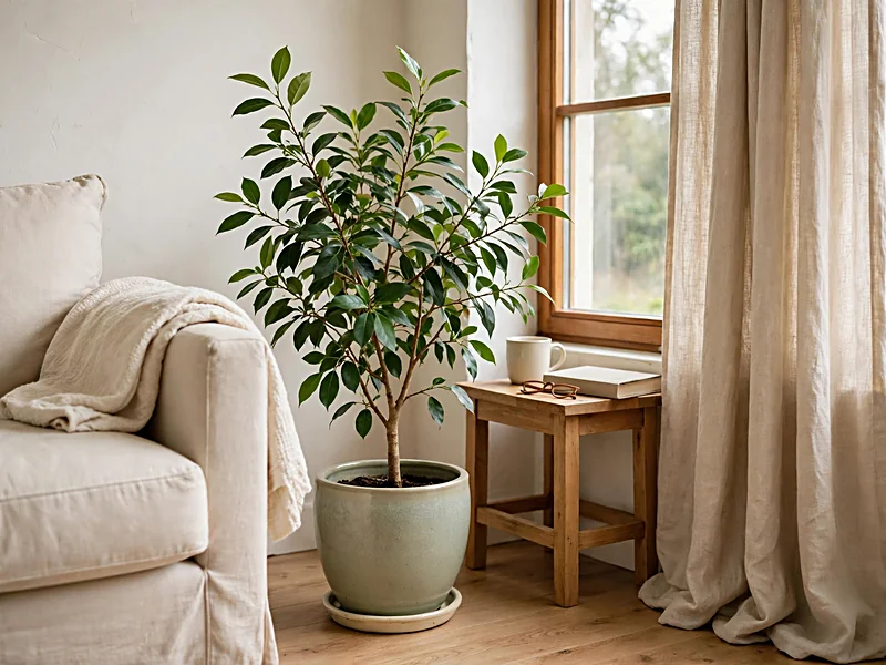 Indoor plant placed beside a bright living room window with neutral furniture and a ceramic planter.