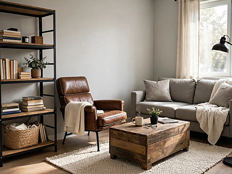 Industrial apartment with black metal shelving, reclaimed wood furniture, leather-look seating, and a neutral rug.