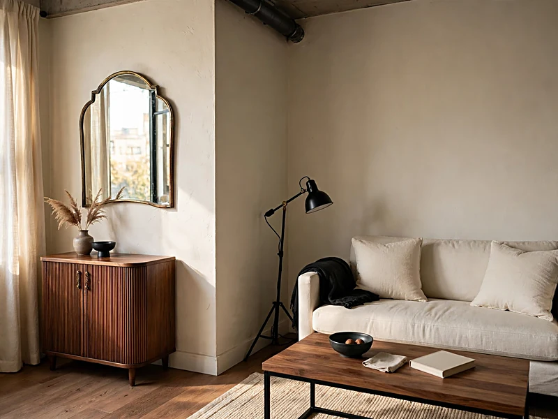 Apartment living room combining a black metal lamp, wooden table, curved mirror, and brass decorative accents.