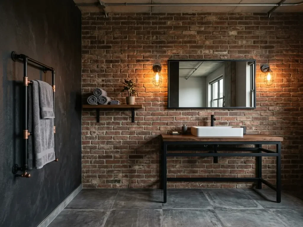 Industrial bathroom with brick wall, concrete look floor, black framed mirror, and cage lights