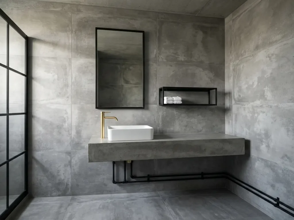 Industrial bathroom with concrete-look tile, black pipes and steel details, and a brushed gold faucet