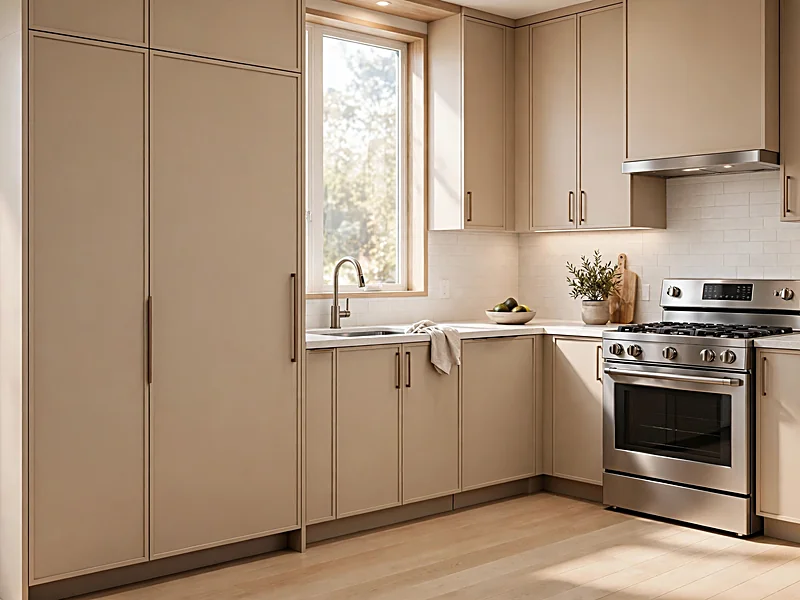 Contemporary kitchen with a panel-ready refrigerator and dishwasher concealed behind matching cabinet fronts.